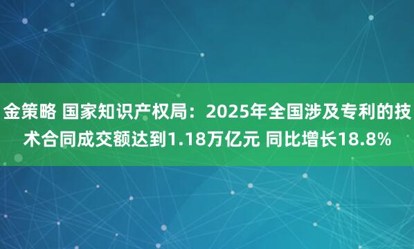 金策略 国家知识产权局：2025年全国涉及专利的技术合同成交额达到1.18万亿元 同比增长18.8%